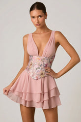 Embellished Ruffled Corset Mini Dress in Floral Pink