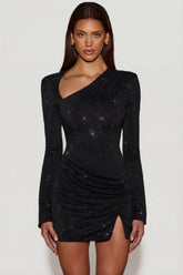 Embellished Asymmetric Bodycon Mini Dress in Black