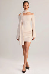 Knit Scarf-Detail Off-Shoulder Mini Dress in Cream