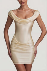Satin Off-Shoulder Draped Mini Dress in Ivory