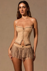 Fringed Low-Rise Mini Shorts in Tan
