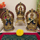 Novrla Lakshmi Ganesh Saraswati Brass Stonework Idol With Yali Prabahavali - Pooja Murti For Home