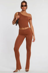 Mid Rise Modal Cashmere Blend Trousers in Chestnut Brown
