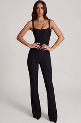Scoop-Neck Corset Flared Leg Jumpsuit in Black