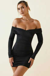 Off-Shoulder Ruched Bodycon Mini Dress in Black