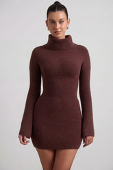 Ribbed-Knit Turtleneck Mini Jumper Dress in Espresso