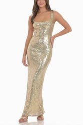 Sequin Square Neck Fitted Maxi Dress