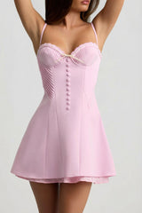Bow-Detail Scalloped A-Line Mini Dress in Soft Pink