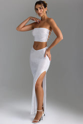 Embellished V-Waist Thigh-Split Maxi Skirt in White