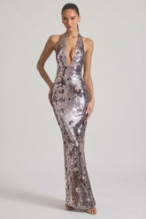 Sequin-Embellished Halterneck Maxi Dress in Silver