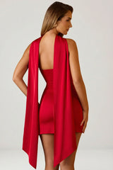 Scarf-Detail Strapless A-Line Mini Dress in Scarlet Red