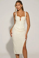 Embellished Draped Midaxi Dress in White