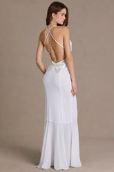 Premium Chiffon Cowl-Neck Open-Back Gown in White