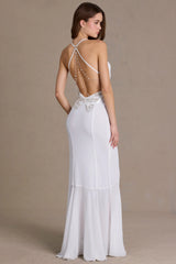 Premium Chiffon Cowl-Neck Open-Back Gown in White