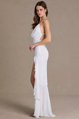Premium Chiffon Cowl-Neck Open-Back Gown in White
