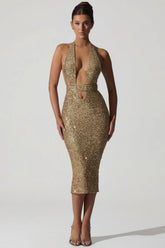 Embellished Cut-Out Open-Back Midaxi Dress in Gold