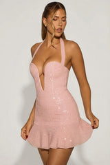 Embellished Halterneck A-Line Mini Dress in Lavender Pink
