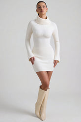 Ribbed-Knit Turtleneck Mini Jumper Dress in Ivory