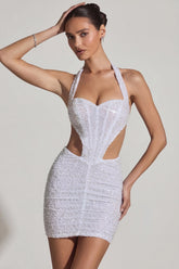 Embellished Cut-Out Halterneck Mini Dress in White