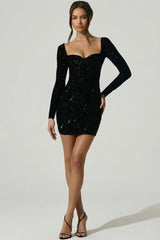 Embellished Sweetheart-Neck Mini Dress in Black