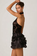 Embellished Ruffled Halterneck Mini Dress in Black