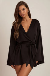 Embellished Loose-Fit Wrap-Over Robe in Black