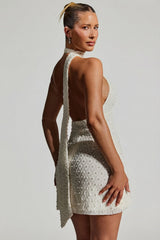 Embellished Scarf-Detail Halterneck Mini Dress in White