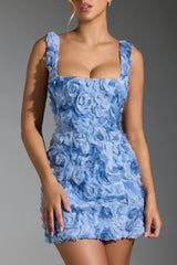 Floral-Appliqué Square-Neck Corset Mini Dress in Blue
