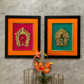 Novrla Framed Brass Prabhavali (Set of 2) - Lord Krishna And Deep Lakshmi - Ethnic Wall Decor