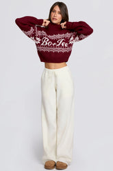 Knit Mid-Rise Wide-Leg Joggers in Ivory