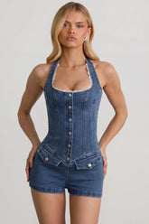 Button-Down Halterneck Playsuit in Mid-Blue