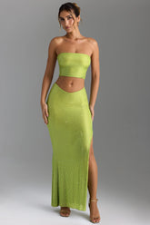Embellished V-Waist Thigh-Split Maxi Skirt in Pear Green