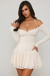 Off-Shoulder Tiered Corset Mini Dress in Ivory