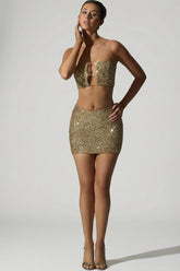 Embellished Mid-Rise Mini Skirt in Gold