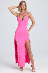 Ruched Ruffle-Trim Maxi Dress in Lollipop Pink