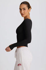 Ribbed Modal Ruched V-Neck Top in Black