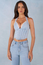 Halterneck Denim Corset Style Top in Light Denim