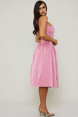 Halterneck Lace-Up Ruched Corset Midi Dress in Mauve