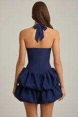 Halterneck Layered Bubble Hem Corset Mini Dress in True Navy