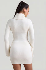 Ribbed-Knit Turtleneck Mini Jumper Dress in Ivory