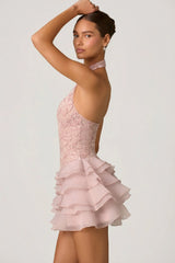 Embellished Ruffled Halterneck Mini Dress in Dusty Rose
