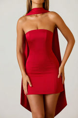 Scarf-Detail Strapless A-Line Mini Dress in Scarlet Red
