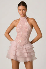 Embellished Ruffled Halterneck Mini Dress in Dusty Rose