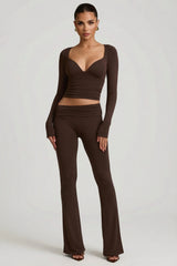 Modal Ruched Long-Sleeve Top in Chocolate Brown