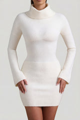 Ribbed-Knit Turtleneck Mini Jumper Dress in Ivory