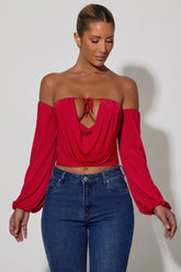 Off-Shoulder Draped Balloon-Sleeve Top in Red