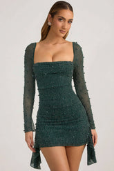 Embellished Cowl-Neck Draped Mini Dress in Emerald Green