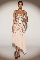 Embellished Soft-Scoop Asymmetric Midaxi Dress in Gold