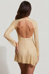 Embellished Long Sleeve Backless Mini Dress in Gold