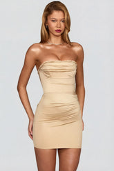 Satin Scalloped-Bandeau Ruched Mini Dress in Champagne